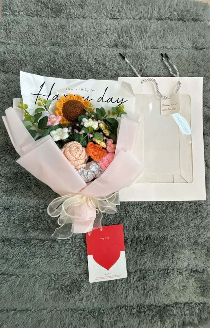 Handmade Crochet Sunflower and Mixed Flower Bouquet with Gift Bag